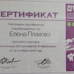 Сертификат ПЛАХОВОЙ ЕЛЕНЫ НИКОЛАЕВНЫ. Врача ветеринарной клиники «Дженк» находящейся в городе Москва, ул. Бирюлевская дом 49 корпус 4 строение 2