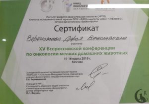 Сертификат ВОРОНЬЖЕВОЙ ДАРЬИ ВЯЧЕСЛАВОВНЫ. Врача ветеринарной клиники «Дженк» находящейся в городе Москва, ул. Бирюлевская дом 49 корпус 4 строение 2